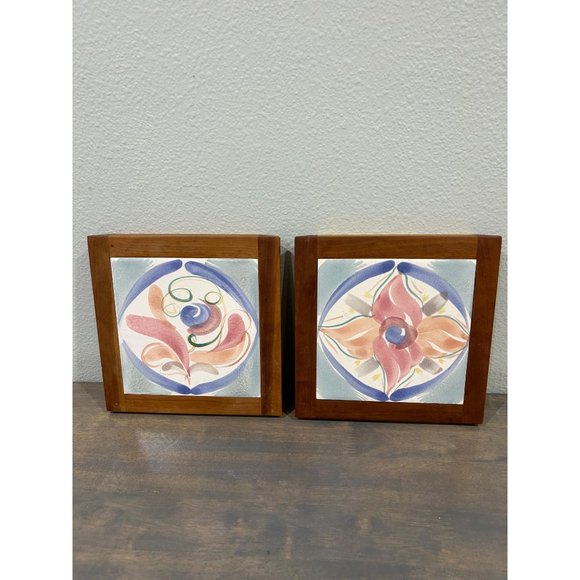 Set of 2 Larocque Levy Hand Painted Framed Tiles Square Trivets - Picture 1 of 7